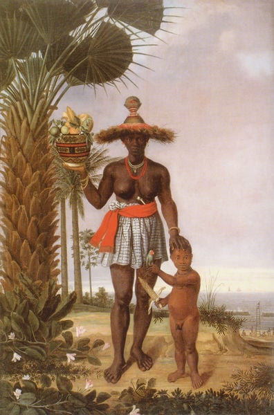 Afrikanerin. by Albert Eckhout. 1646–1653. Motifs recorded: palme, hut, rock, kind, frau, nackt, junge, meer.
