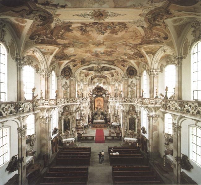 Birnau am Bodensee, Basilika Unserer Lieben Frau, Blick zum Hochaltar. by Peter Thumb. 1746–1750. Motifs recorded: kirche, altar, barock, deckengemälde, balustrade, foto, deckenfresko, bänke.