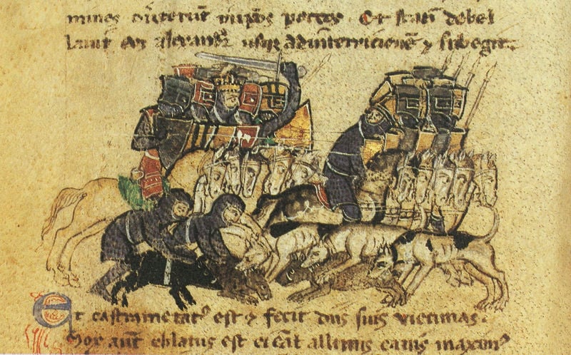 Alexanderroman. 1300–1400. Motifs recorded: hunde, ritter, pferde, reiter, schrift, seite, schwert, buch.