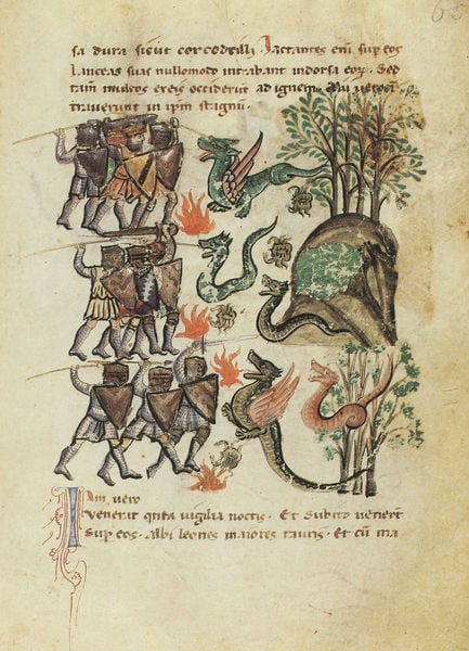 Alexanderroman. 1300–1400. Motifs recorded: drachen, baum, schild, ritter, feuer, rüstung, schlange, schwert.
