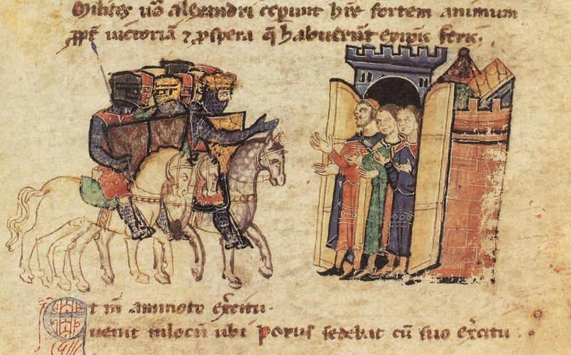 Alexanderroman. 1300–1400. Motifs recorded: schrift, pferde, ritter, burg, mittelalter, tor, lanze, schilde.