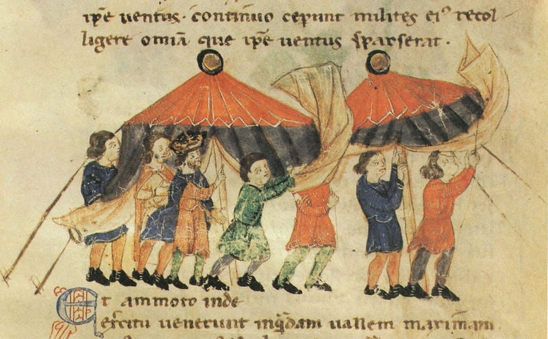 Alexanderroman. 1300–1400. Motifs recorded: zelt, schrift, latein, initiale, rot, buchmalerei, zelte, wind.
