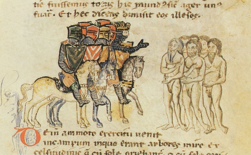 Alexanderroman. 1300–1400. Motifs recorded: ritter, nackt, schild, männer, helm, mittelalter, pferde, könig.