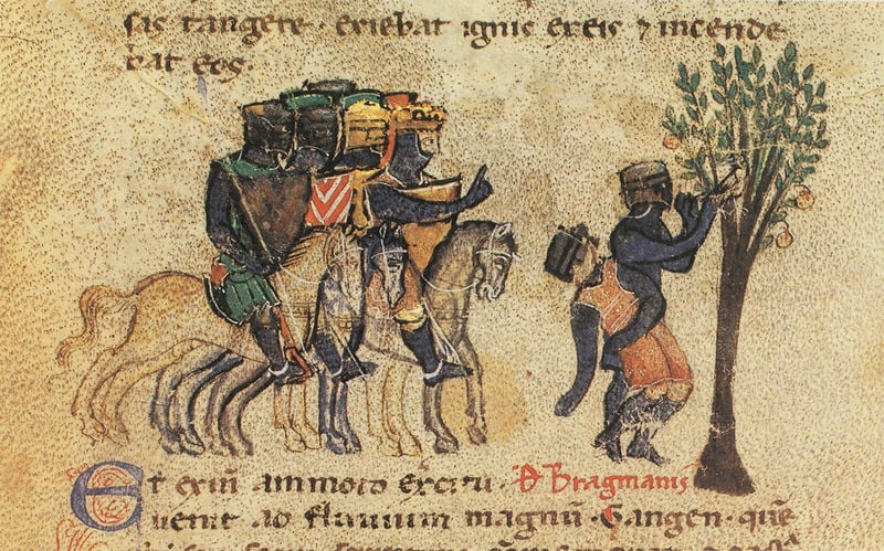 Alexanderroman. 1300–1400. Motifs recorded: pferde, baum, reiter, obst, ritter, früchte, latein, rot.