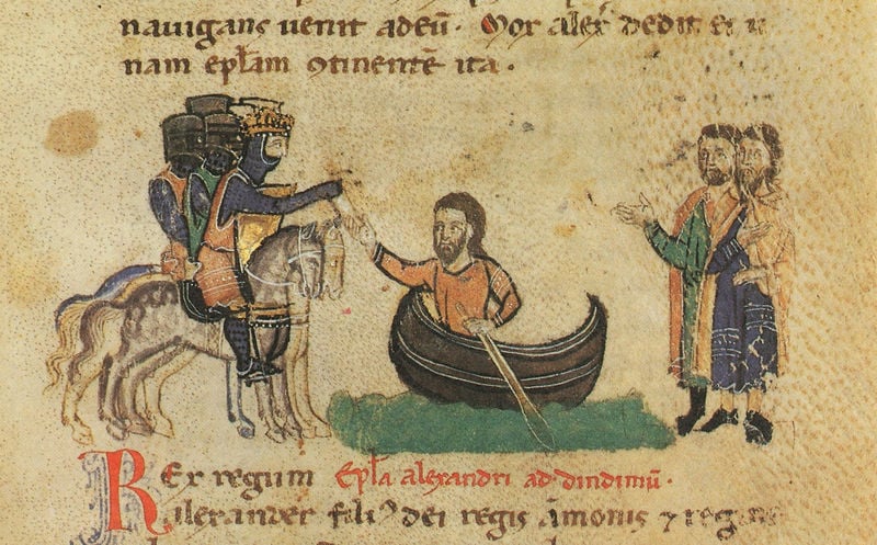 Alexanderroman. 1300–1400. Motifs recorded: boot, schrift, blau, wasser, pferde, reiter, ruder, ritter.