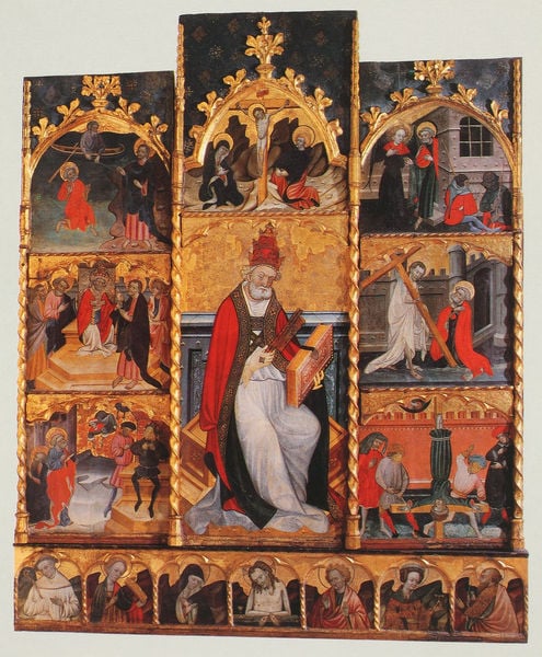 Altargemälde mit Heiligenvita von Petrus aus Vinaixa. by Ramón de Mur. 1420. Motifs recorded: heilige, rot, buch, gold, altar, jesus, tiara, kreuzigung.