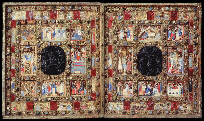 Hausaltar des Königs Andreas III. von Ungarn. 1290–1296. Motifs recorded: gold, edelsteine, buch, rot, schwarz, buchdeckel, blau, tier.