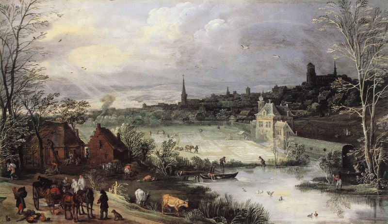 Braunschweiger Jahreszeitenzyklus. by Josse de Momper, der Jüngere. 1697. Motifs recorded: menschen, landschaft, himmel, kirche, hund, stadt, fluss, licht.