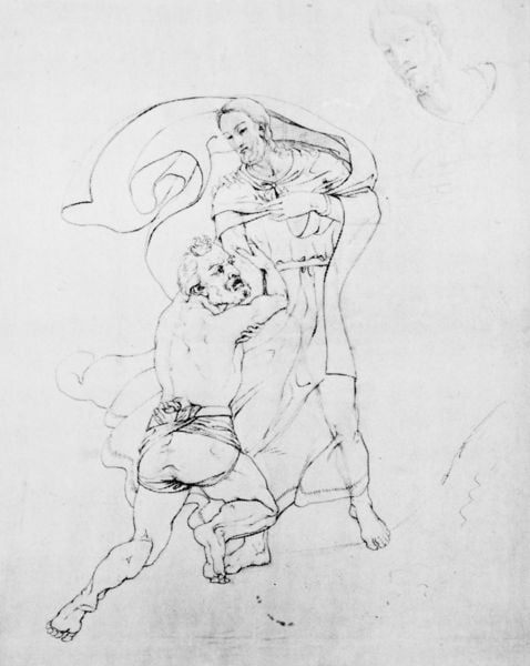 Christus und Petrus. by Philipp Otto Runge. 1806. Motifs recorded: zeichnung, männer, skizze, tuch, muskeln, kampf, jesus, umhang.