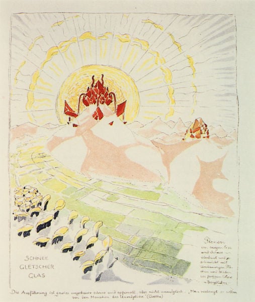 Alpine Architetur (Schnee, Gletscher, Glas). by Bruno Taut. 1919. Motifs recorded: berge, gletscher, sonne, schnee, glas, felder, schrift, rot.