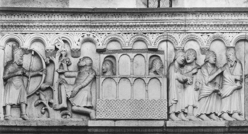 Dom S. Gimignano, Modena. 1099–1110. Motifs recorded: bogen, pfeil, baum, relief, männer, haus, menschen, tod.