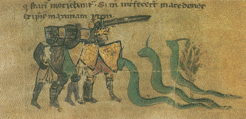 Alexanderroman. 1300–1400. Motifs recorded: schwert, ritter, schrift, schild, gold, schlangen, kampf, drachen.