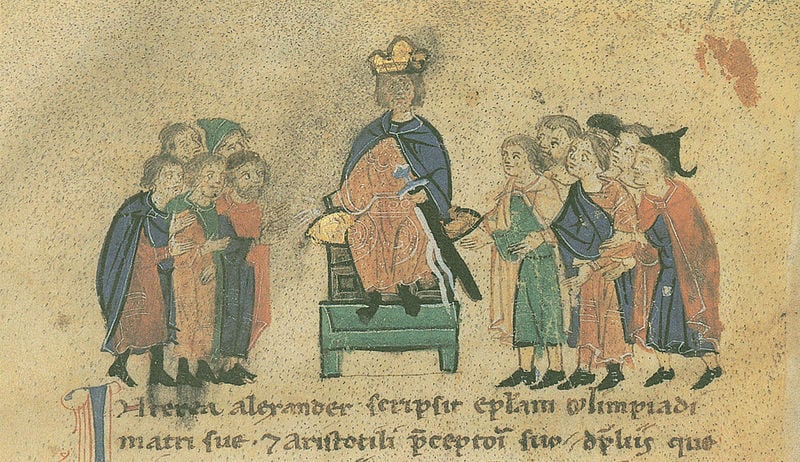 Alexanderroman. 1300–1400. Motifs recorded: könig, krone, thron, schwert, buchmalerei, blau, herrscher, kissen.