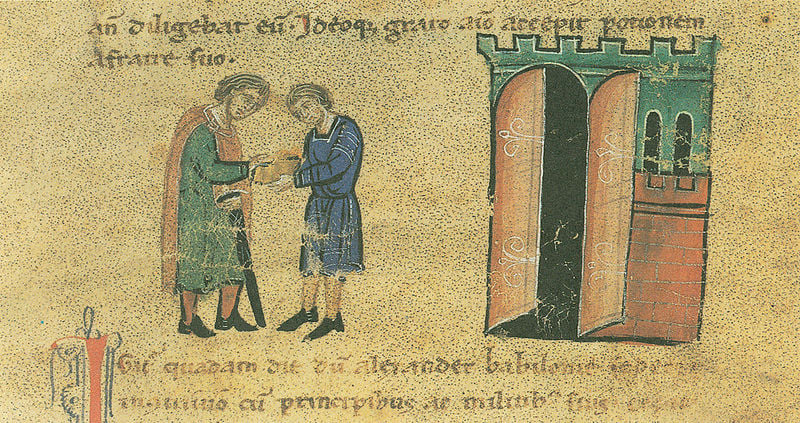 Alexanderroman. 1300–1400. Motifs recorded: schrift, schwert, tor, blau, männer, burg, grün, rot.