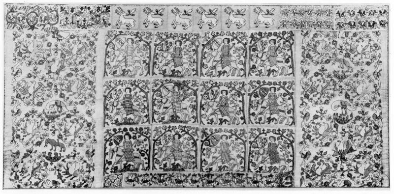 Altardecke; 12 Felder mit Reitern und Wappen. 1340–1350. Motifs recorded: tiere, menschen, ornament, textil, teppich, ranken, zeichnung, pferd.