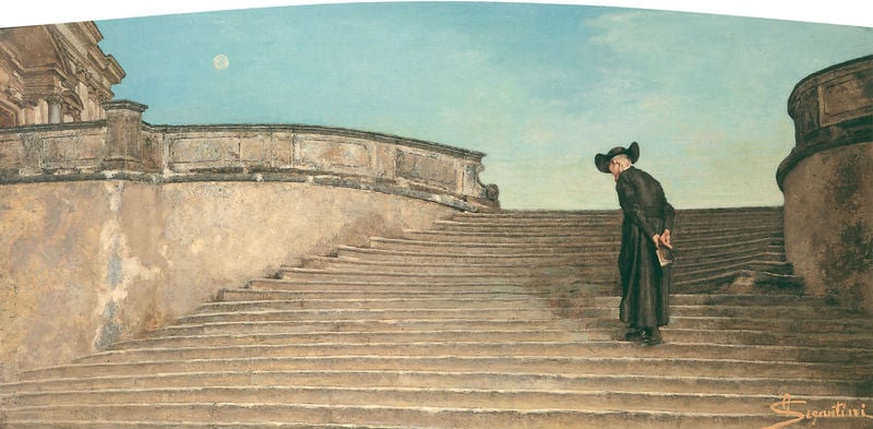 A messa prima/ Early Mass.. by Giovanni Segantini. 1884–1886. Motifs recorded: treppe, himmel, mond, hut, stufen, pfarrer, priester, mann.