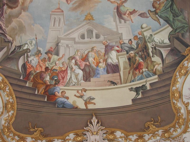 Fresken der Stiftskirche Dießen am Ammersee. by Johann Georg Bergmüller. 1736. Motifs recorded: kirche, kind, fresko, deckenmalerei, hunde, türme, hund, engel.