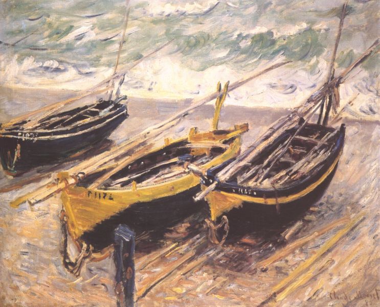 Barken. by Claude Monet. 1886. Motifs recorded: meer, wasser, ufer, boote, strand, gemälde, gischt, boot.