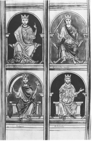 Abbreviatio Chronicorum Angliae. by Matthew Paris. 1255–1259. Motifs recorded: thron, schwert, könige, krone, buch, könig, vier, schwarz.