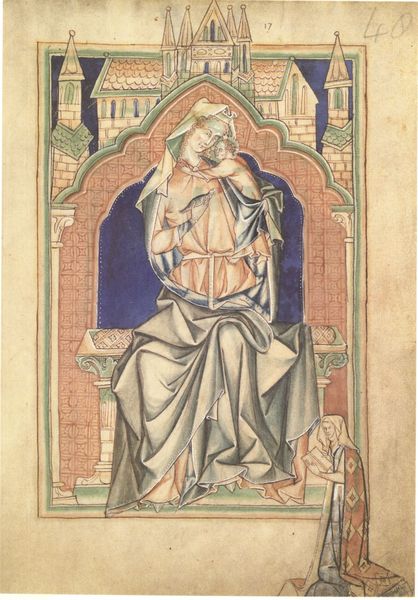 Die Lambeth Apokalypse. 1260–1267. Motifs recorded: buch, buchseite, gebäude, rot, stadt, jesuskind, thron, blau.