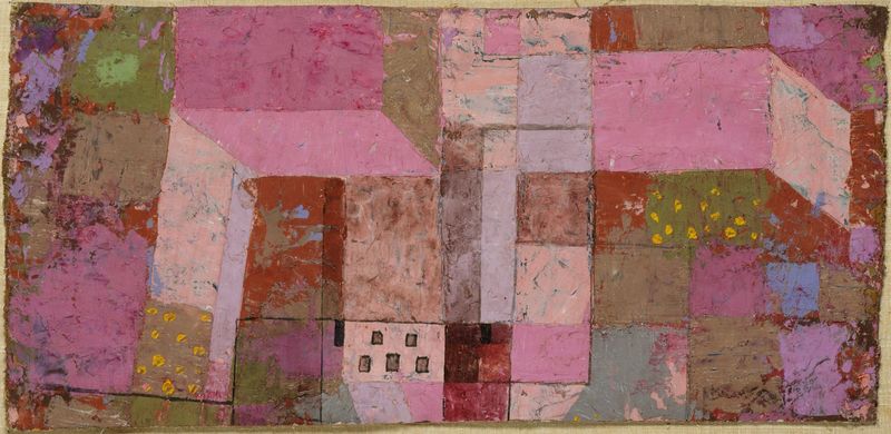 Gartenhaus. by Paul Klee. 3–1929. Motifs recorded: rosa, pink, green, gelb, fenster, grün, abstrakt, squares.