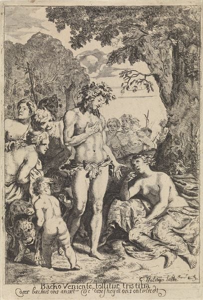 Bacchus troost Ariadne. by Cornelis Holsteyn. 1628–1658. Motifs recorded: felin, homme, femme, arbre, children, drapery, enfant, dessin.