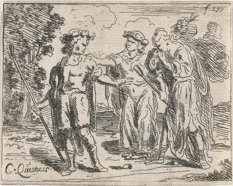 Afscheid van een herder. by Catharina Questiers. 1654. Motifs recorded: départ, adieux, pleurs, dessin, engraving, three figures, au revoir, bâton de voyage.