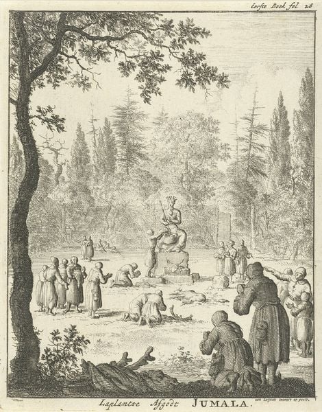 Laplanders vereren de oppergod Jumala. by Jan Luyken. 1682. Motifs recorded: center, statue, gathering, people, worship, deity, jumala, outdoor.