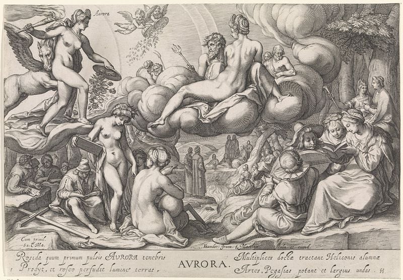 Ochtend (Aurora). by Jacob Matham. 1601–1605. Motifs recorded: morning, young woman, books, morgenröte, wings, hybrid, cheeks, people.