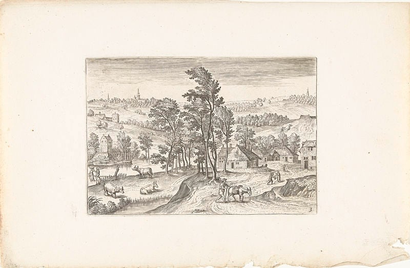 Landschap met een dorpje naast een rivier. by Adriaen Collaert. 1578–1618. Motifs recorded: plongée, cottages, bridge, engraving, Simplicity of countryside life, daily life, country road, rural life.