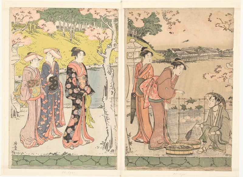 Schildpadverkoper. by Torii Kiyonaga. 1783–1793. Motifs recorded: grün, kimono, see, fische, bridge, hut, gardens, kimono.