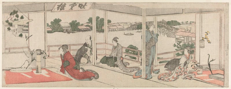 Bewonderen van bloemstukken. by Katsushika Hokusai. 1800–1805. Motifs recorded: japan, rot, asien, brücke, fluss, geisha, frauen, schriftzeichen.