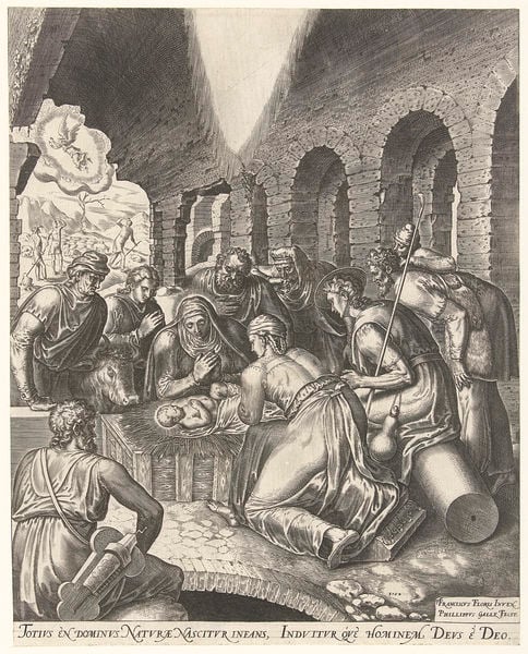 Aanbidding door de herders. by Philipp Galle. 1564. Motifs recorded: geburt, jesus, anbeten, bogen, licht, männer, latein, schwarz.