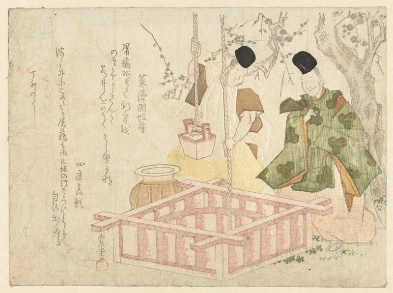 Eerste water van het nieuwe jaar. by Kubo Shumman. 1807. Motifs recorded: well, tree, japanese, rope, asian, green, hat, text.