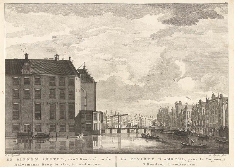 Gezicht op de Halvemaansbrug. by de Coppier. 1774. Motifs recorded: river, bridge, buildings, boats, house, amsterdam, amstel, boat.
