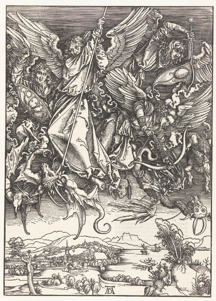 Aartsengel Michaël en zijn engelen bestrijden enkele draken. by Albrecht Dürer. 1498. Motifs recorded: engel, kampf, landschaft, himmel, radierung, teufel, stab, dürer.