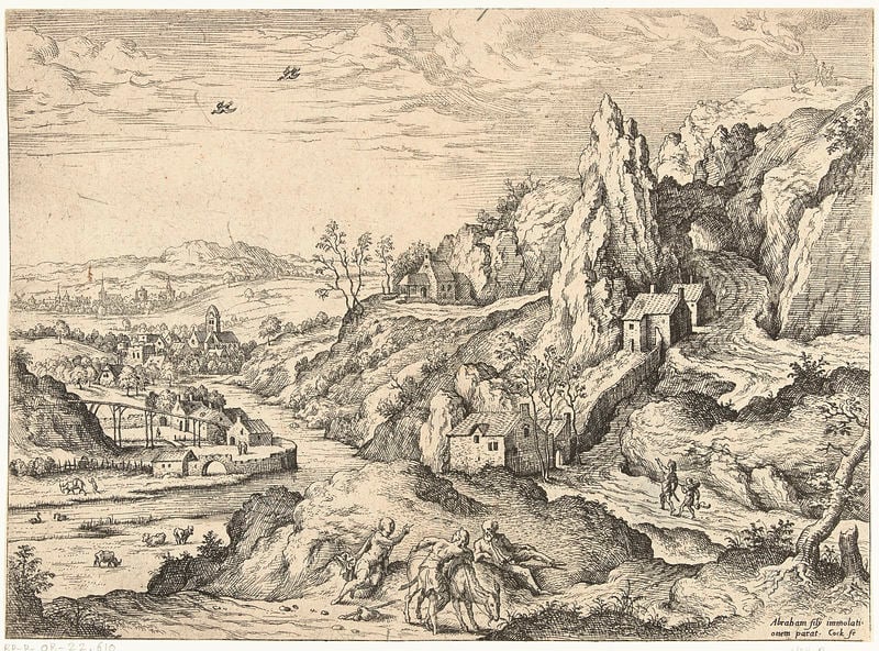 Abraham en Isaak op weg naar de offerplaats. by Hieronymus Cock. 1551–1558. Motifs recorded: landschaft, fluss, berg, bridge, grau, dorf, männer, architecture.