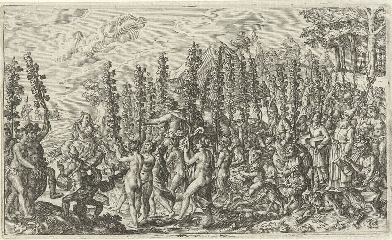 Bacchus vindt Ariadne op Naxos. by Jacob Matham. 1616. Motifs recorded: wein, prozession, berge, children, hang, procession, weinreben, celebration.