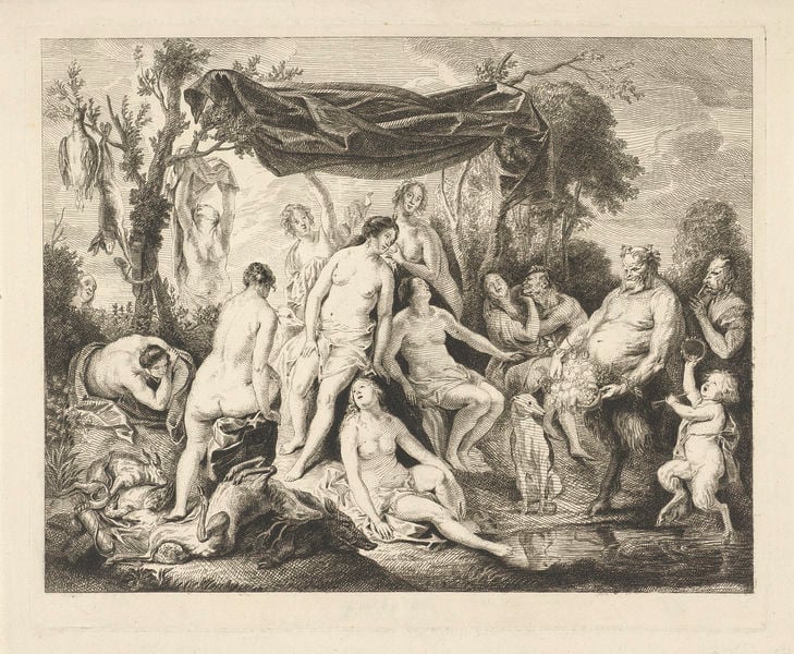 Badende Diana en Silenus. by Andries Lens. 1749–1822. Motifs recorded: young woman, grotto, drapery, reclining figures, bacchanal, rustic, greek mythology, group of people.