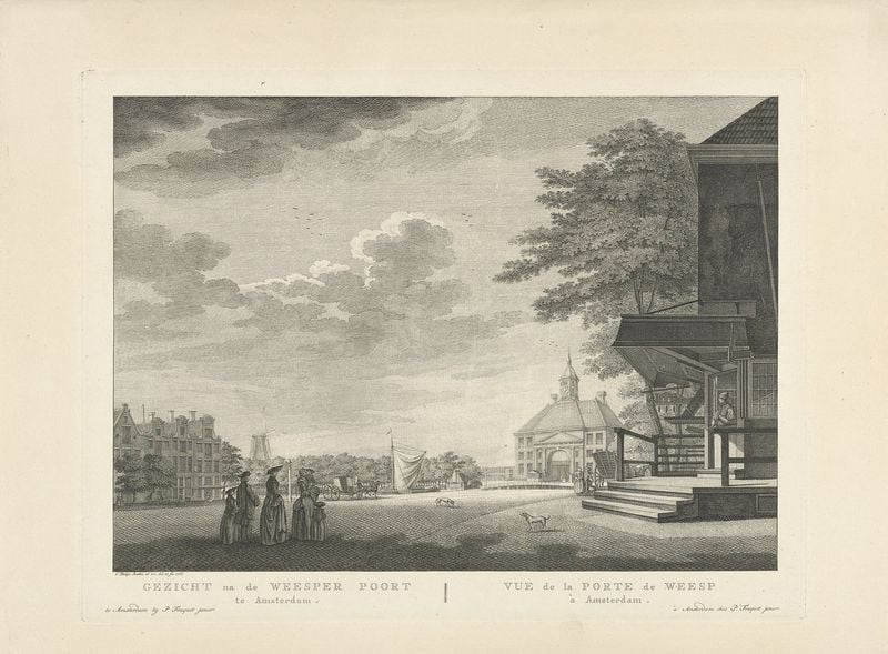 Gezicht op het Weesperplein te Amsterdam. by Caspar Jacobsz. Philips. 1767. Motifs recorded: clouds, robe, storm, flag, fence, ville, sunlight, cart.