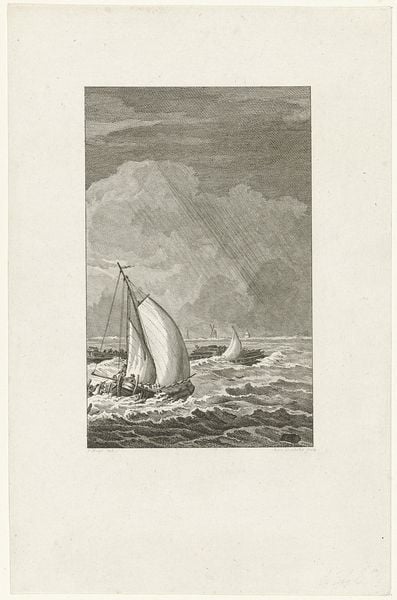 Gebroeders Naerebout redden de opvarenden van de Woestduin. by Reinier Vinkeles. 1787. Motifs recorded: storm, waves, ship, boat, ocean, clouds, water, sky.