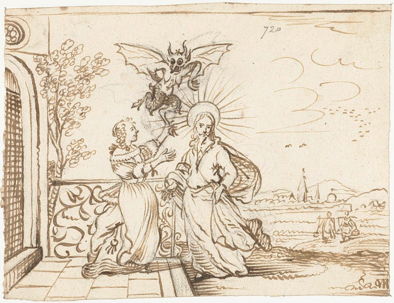 Christus verleid door de Duivel. by Gesina ter Borch. 1660–1661. Motifs recorded: dämon, dorf, monster, türschwelle, sepia, tuschezeichnung, archway, skizze.