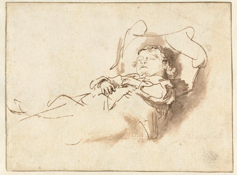 Slapend jongetje. by Rembrandt. 1635–1660. Motifs recorded: kind, schlafen, skizze, kissen, bett, zeichnung, schlaf, tot.
