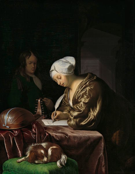 De briefschrijfster. by Frans van Mieris, der Ältere. 1680. Motifs recorded: hund, feder, mann, liegen, schreiben, laute, frau, haube.