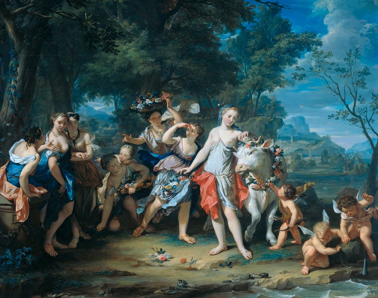 De roof van Europa. by Nicolaas Verkolje. 1735–1740. Motifs recorded: blumen, frauen, landschaft, blumenkranz, stier, putti, putto, berge.