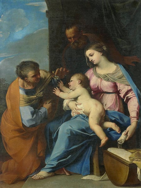 De heilige familie. by Raffaello Vanni. 1640–1660. Motifs recorded: maria, wiege, jesus, himmel, blau, spielen, kind, gelb.