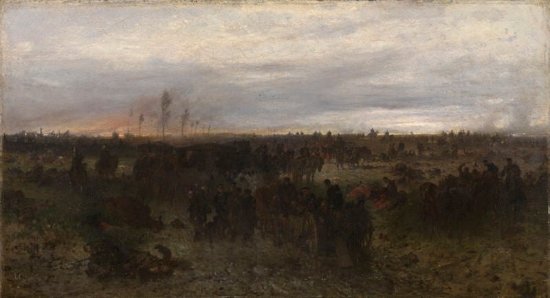 Abend nach der Schlacht bei Wörth. by Franz Adam (1815). 1871. Motifs recorded: menschen, wagen, bäume, landschaft, pferde, soldaten, schlacht, horizont.