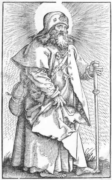 Der Apostel Jakobus der Ältere (Große Apostelfolge). by Hans Baldung Grien. 1516–1519. Motifs recorded: bart, hut, heiliger, stock, stab, mann, barfuß, mantel.