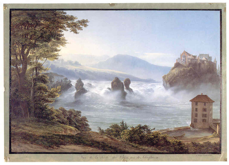 Der Rheinfall bei Schaffhausen. by Johann Ludwig Bleuler. 1801–1900. Motifs recorded: haus, bäume, wasser, landschaft, felsen, himmel, gischt, berge.