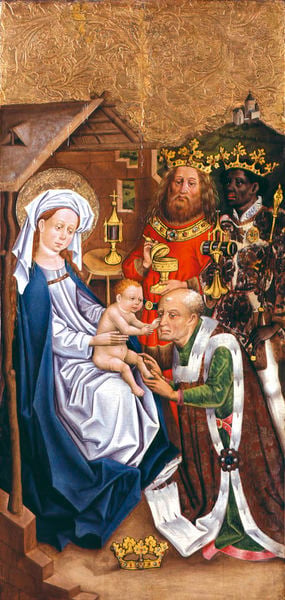 Anbetung der Könige. by Meister vom Bodensee. 1460. Motifs recorded: maria, könige, krone, jesus, gold, blau, kind, anbetung.